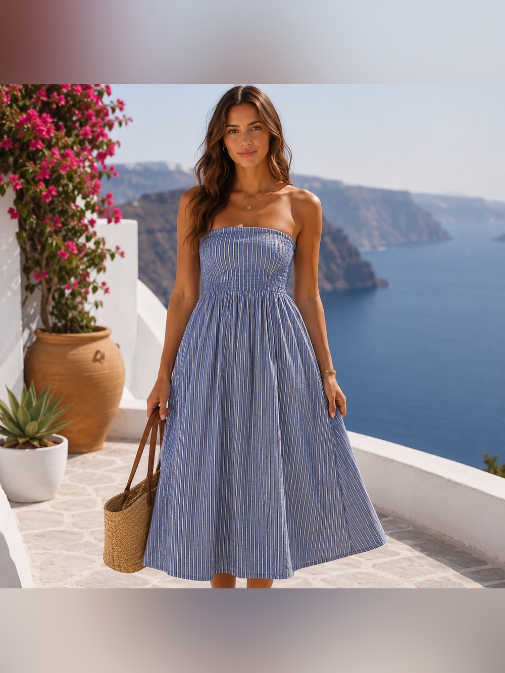 NWT American Eagle Blue Pinstripe Strapless Midi Dress Coastal Vacation Large